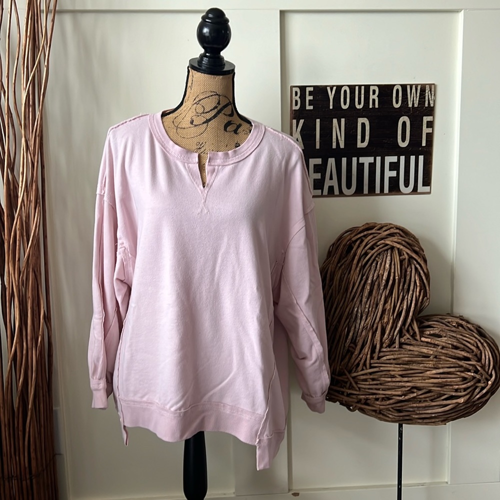 True Craft Pink French Terry Sweatshirt W/Rough Cut Edges.